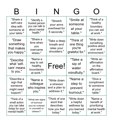 Mental Health Day BINGO Card