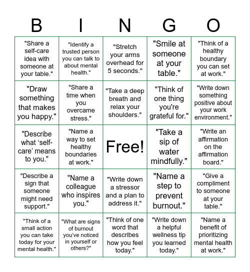 Mental Health Day BINGO Card