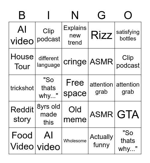 Youtube Shorts Bingo Card