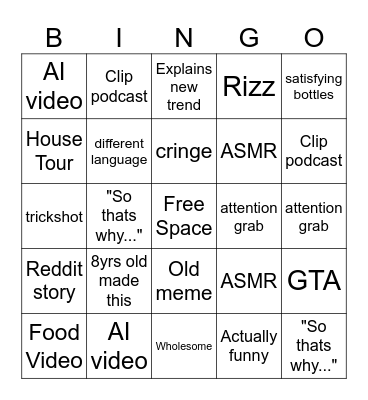 Youtube Shorts Bingo Card