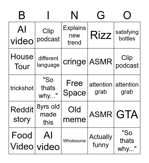 Youtube Shorts Bingo Card