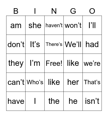 Sight Words and Contractions Bingo Card
