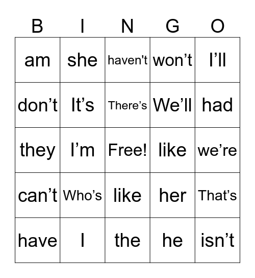Sight Words and Contractions Bingo Card