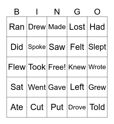 Simple past tense of Irregular Verbs Bingo Card