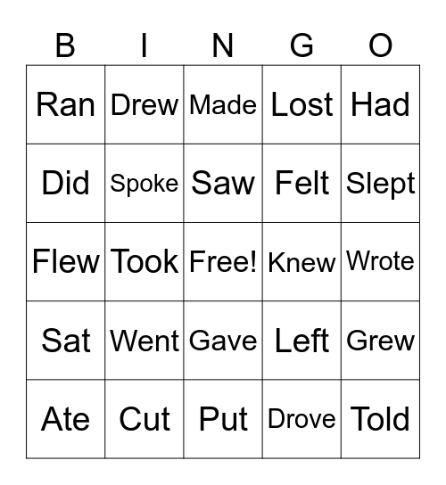 Simple past tense of Irregular Verbs Bingo Card