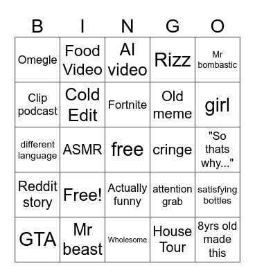 Youtube Shorts Bingo Card