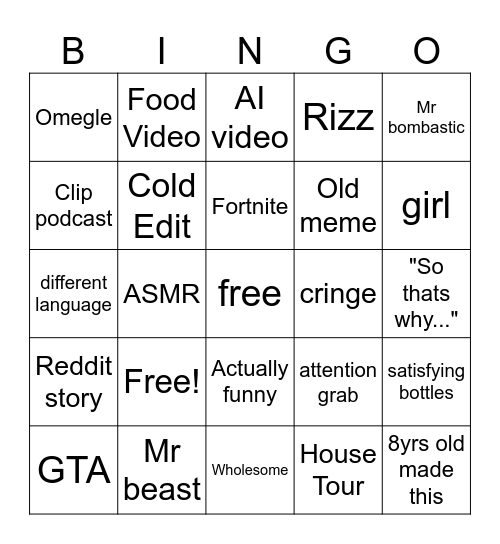 Youtube Shorts Bingo Card