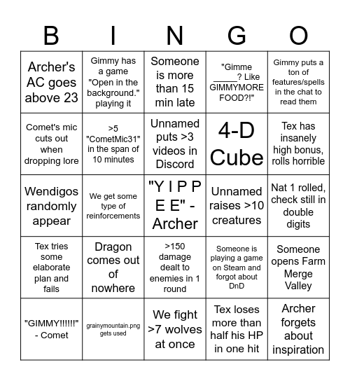 Comet's Campaign Session Bingo Card