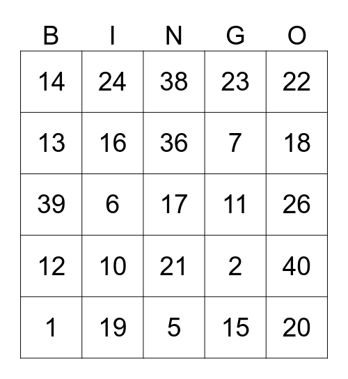 NUMEROS DEL 1 AL 40 Bingo Card