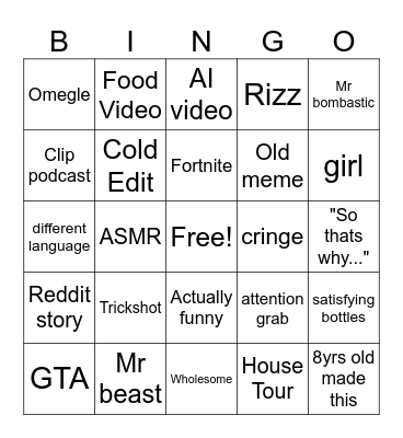 Youtube Shorts Bingo Card