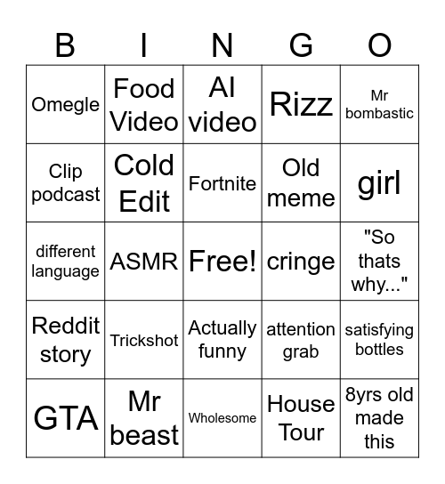 Youtube Shorts Bingo Card