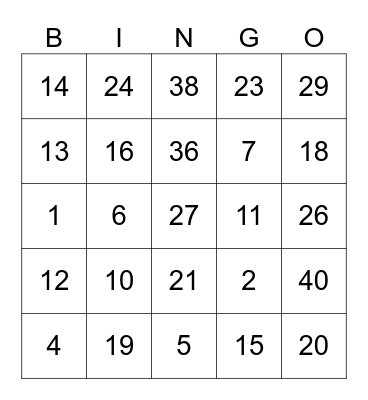 NUMEROS DEL 1 AL 40 Bingo Card