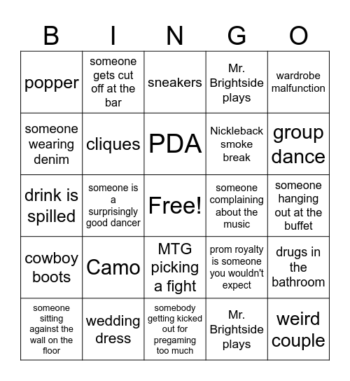 Congress Prom Bingo Card