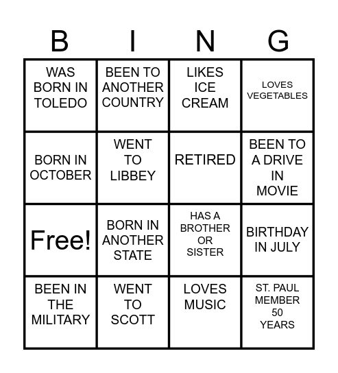 St. Paul's Gert To Know You BINGO Card