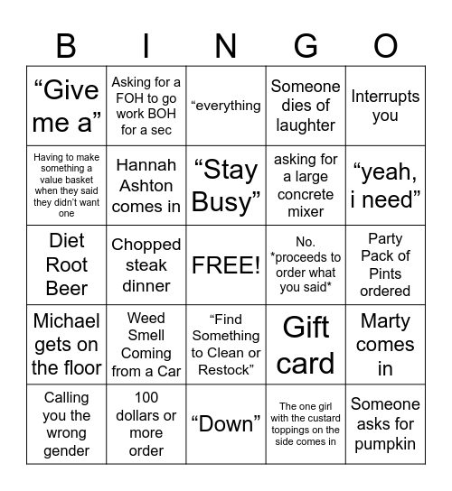 CULVERS Bingo Card