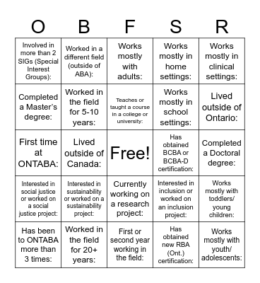 O-BFSR Bingo Card Bingo Card