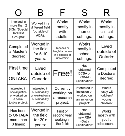 O-BFSR Bingo Card Bingo Card