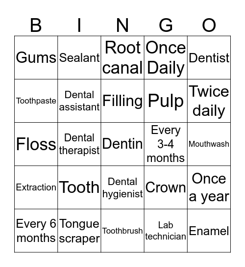 Dentistry 101 Bingo Card