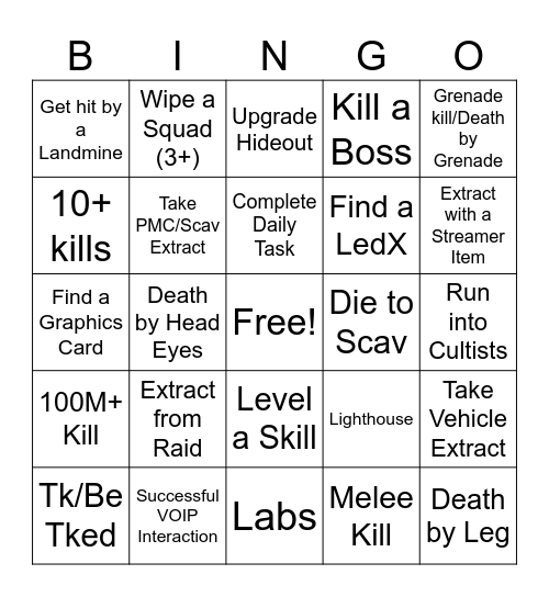 Tarkov Bingo Card