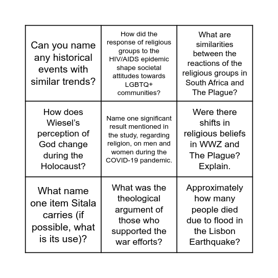 The Shifts In Religious Beliefs During Tragedy Bingo Card