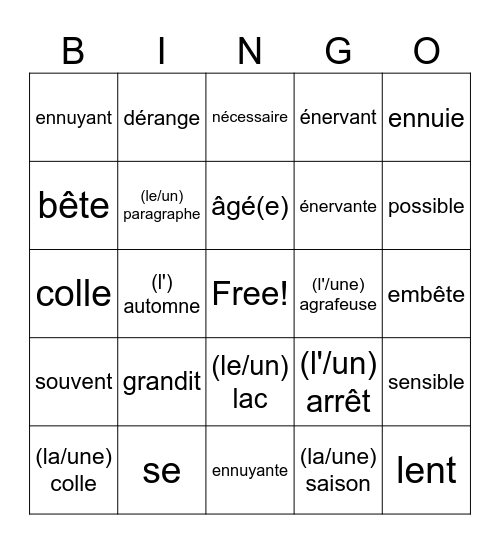 Section E- Un frere pénible Bingo Card