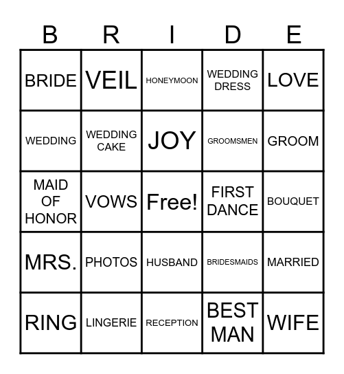 BRIDAL SHOWER BINGO Card