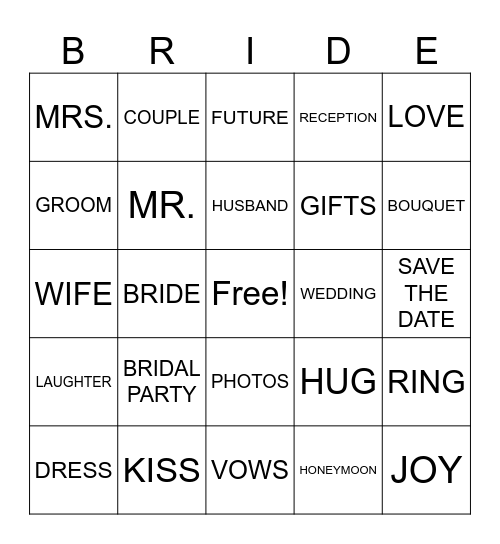 BRIDAL SHOWER BINGO Card