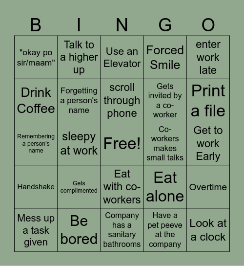 First Day Onsite Bingo Card