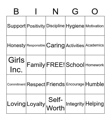 Girls Inc. Bingo Card