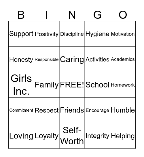 Girls Inc. Bingo Card