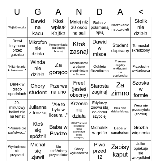 BINGO UG Bingo Card