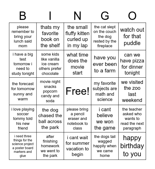 Punctuation Bingo Card