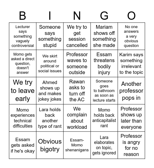 Class Bingo Card