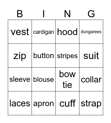 Clothes Bingo Card