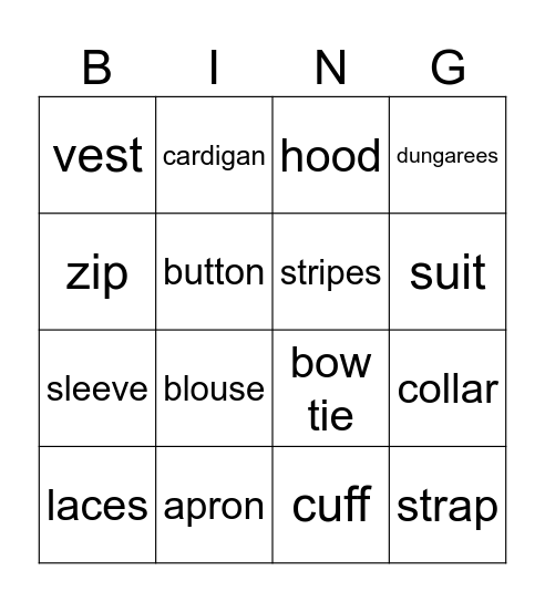 Clothes Bingo Card