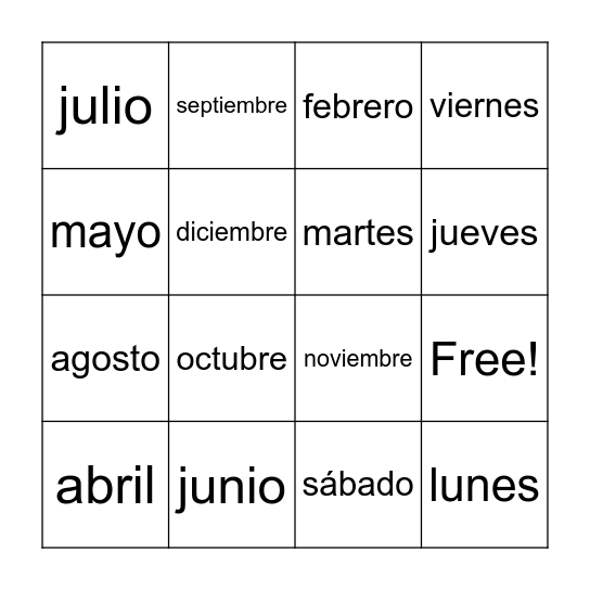 Los días de la semana/Los meses Bingo Card