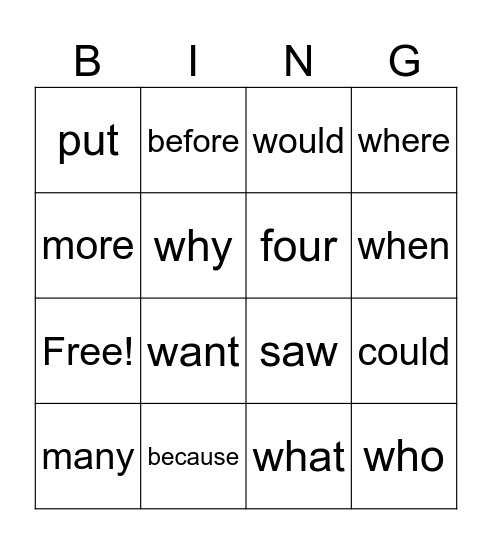 Tricky Words Bingo Card