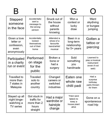 Bingo in Life Bingo Card