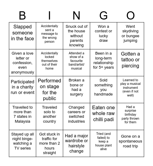 Bingo in Life Bingo Card