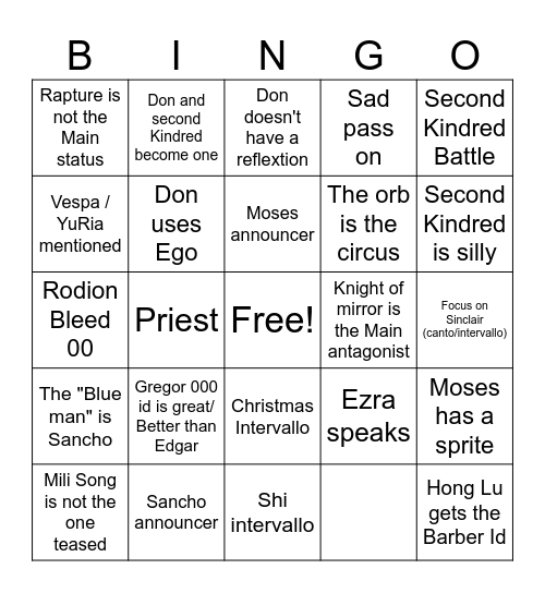 Season 5 Oblivion Prediction Bingo Card