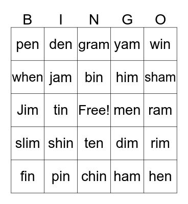 Word Family Bingo Card