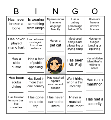 Find someone who matches one of these to get Bingo ! Bingo Card