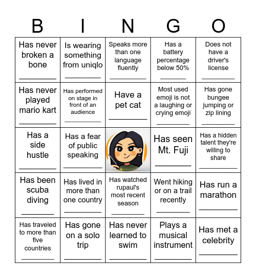 Find someone who matches one of these to get Bingo ! Bingo Card