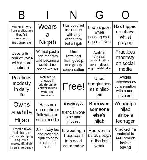 Modesty Bingo Card