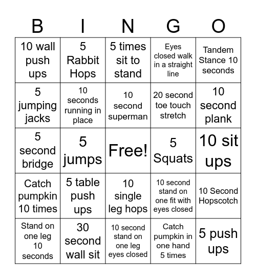 Gross Motor Bingo Card