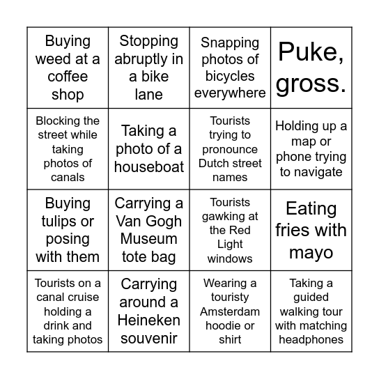 Amsterdam Tourist Bingo Card