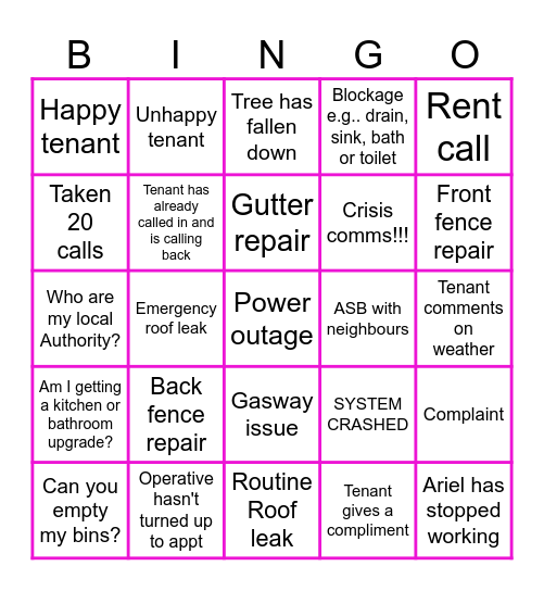 REPAIRS BINGO Card