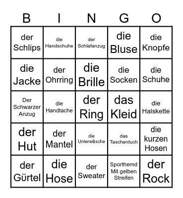 German clothing nouns Bingo Card