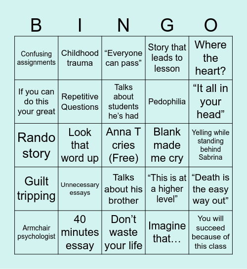 Mr Ryan Bingo Card