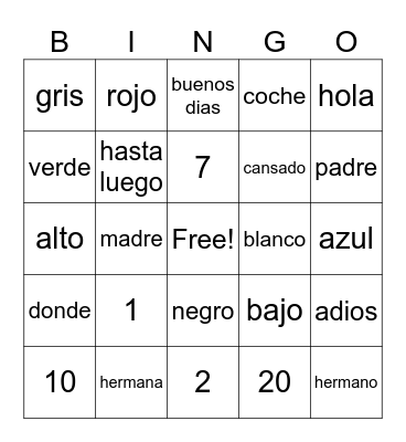 Spanish Bingo Card